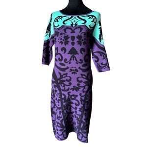 Phoebe Couture Purple Black Aqua Bodycon Dress Size S Stretch Knit Bold Print